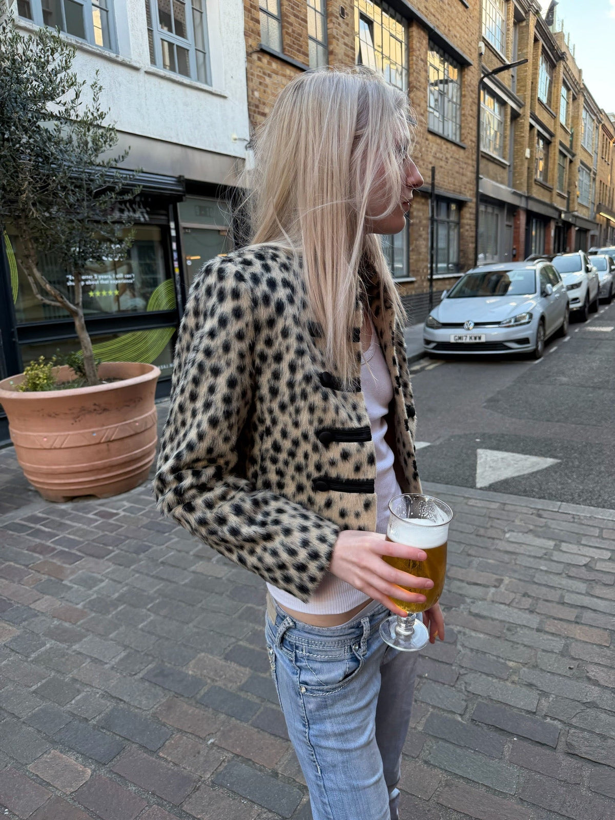 Oversized Cropped Faux Fur Jacket with Leopard Print