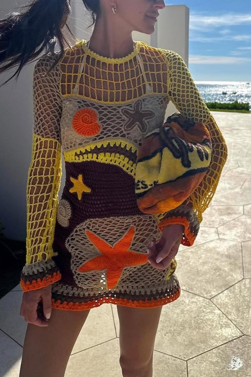 Coral Reef-Inspired Pattern Crochet Mini-Length Dress