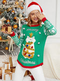 Christmas Long Sleeve Cat Applique Crew Neck Knit Sweater