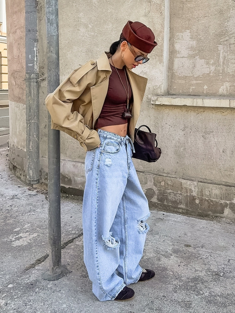 Mid-Length Coat with Lapel Collar and Relaxed Fit