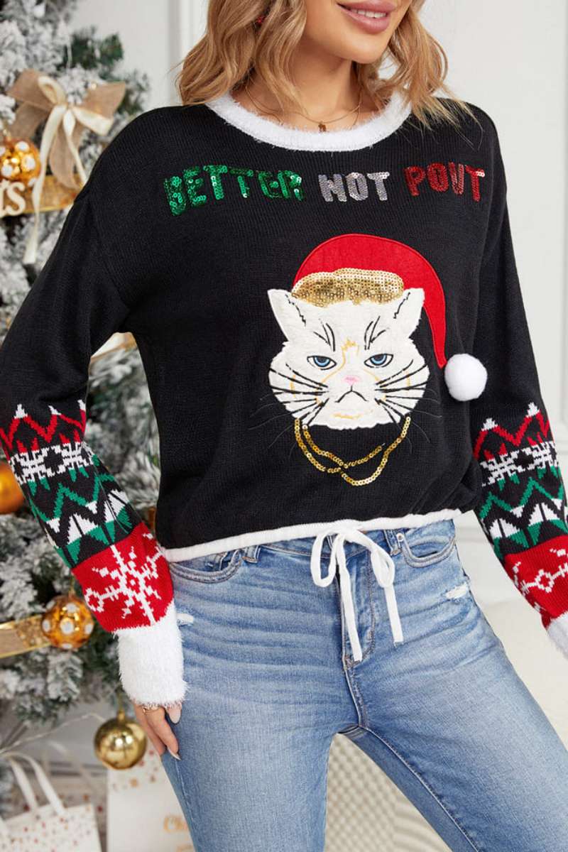 Relaxed Crew Neck Cat Embroidery Sequined Knit Sweater