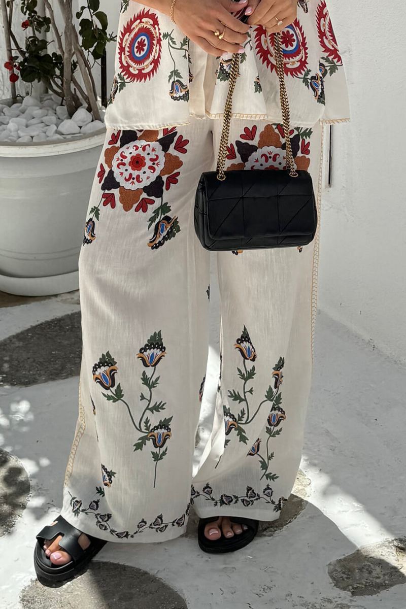 Distinctive And Exquisite Ethnic Flower Print Elastic Waist Pocket Wide-Leg Trousers-Set