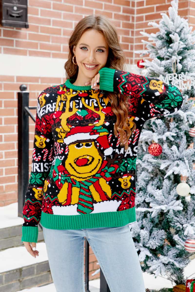 Modern Christmas Cartoon Reindeer Knit Sweater
