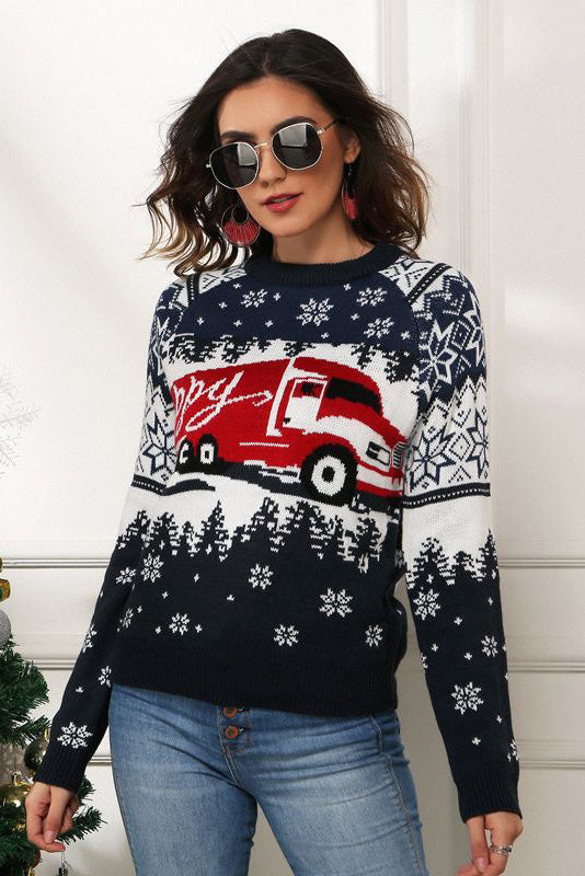 Snowflake and Truck Print Christmas Knit Sweater