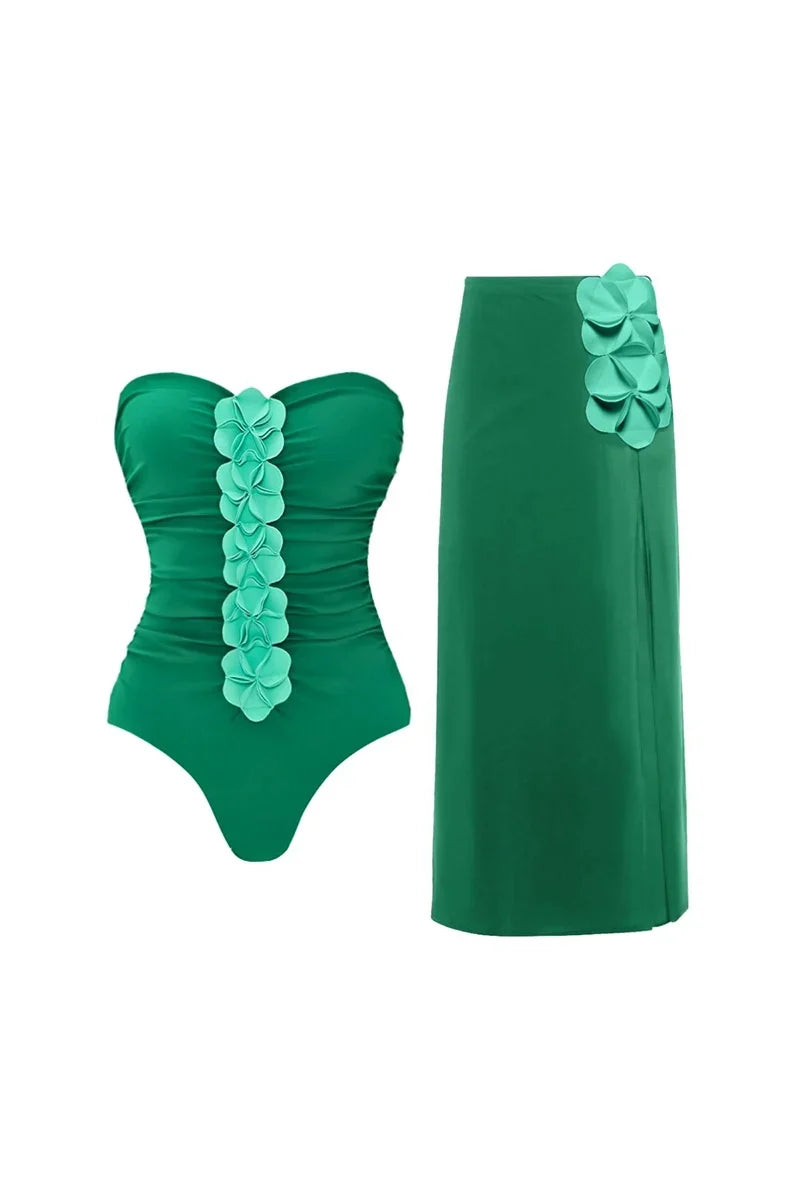 Green 3D Flower Strapless Swimsuit