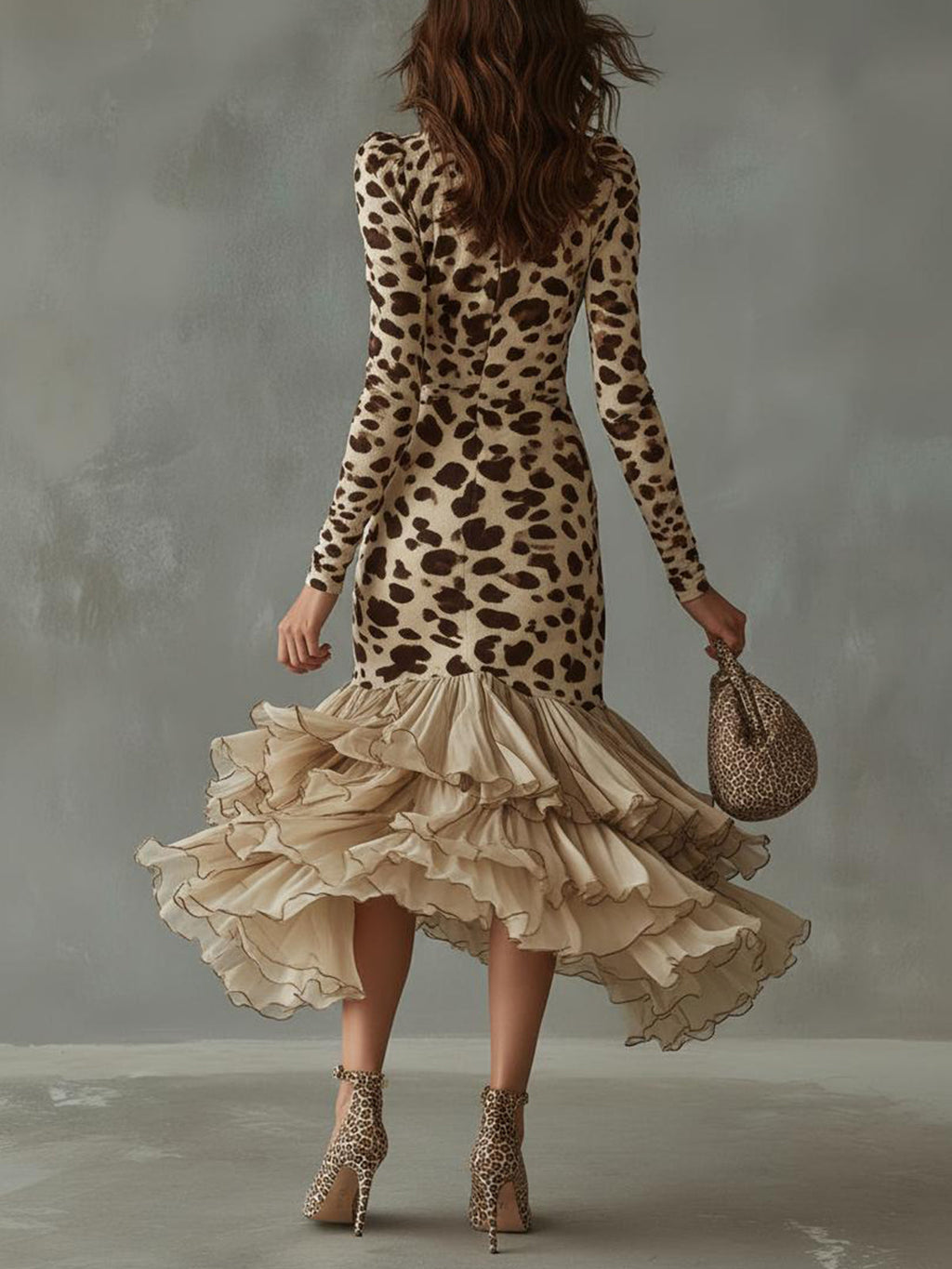 Leopard Print Ruffled High Low Midi-Length Dress