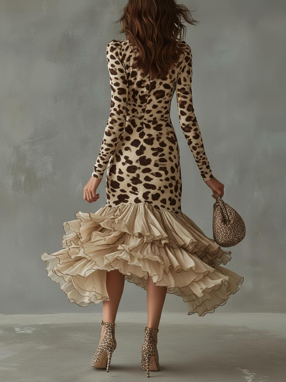 Leopard Print Ruffled High Low Midi-Length Dress