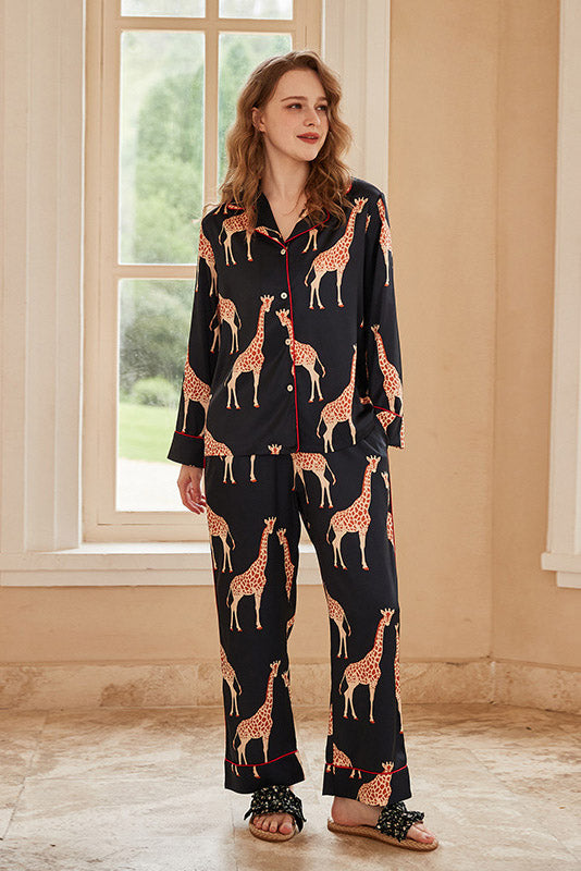 Coordinated Black Giraffe Print Long-Sleeve Pajama Set