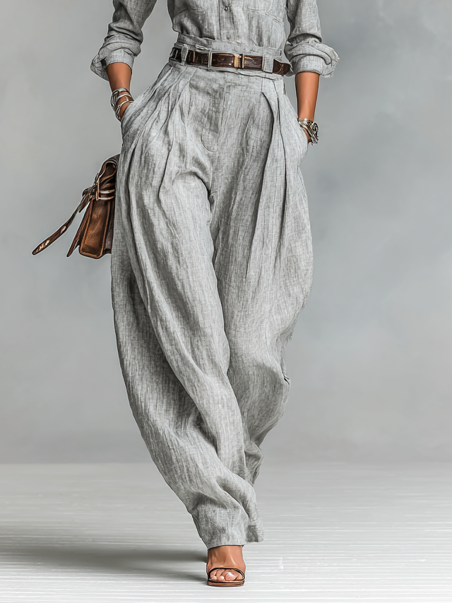 Coordinated Cotton-linen Blend Long-sleeved Shirt And Trousers Two-Piece Set (belt Not Included)
