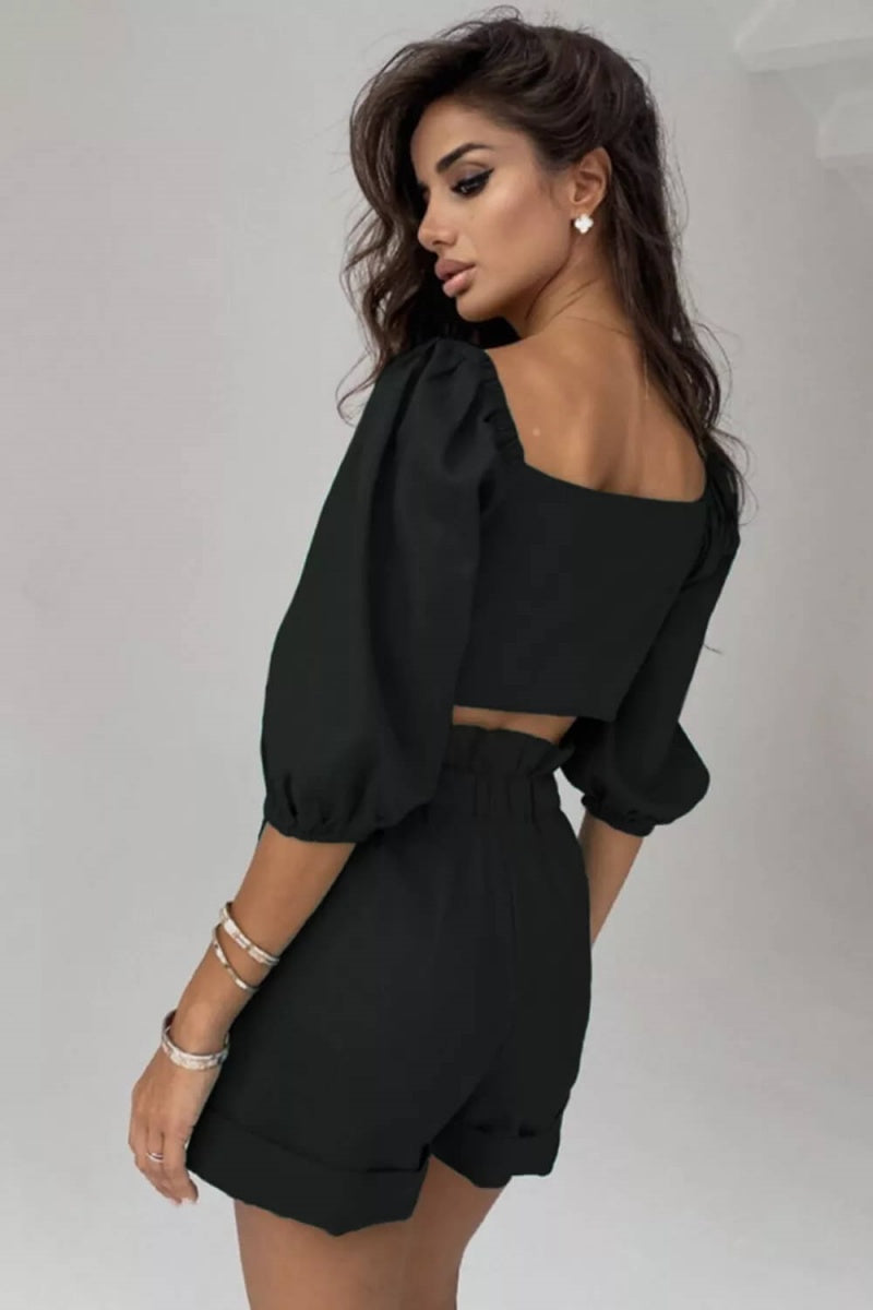 Modern Linen Wrap Front Tie Puff Sleeve Shorts Sets
