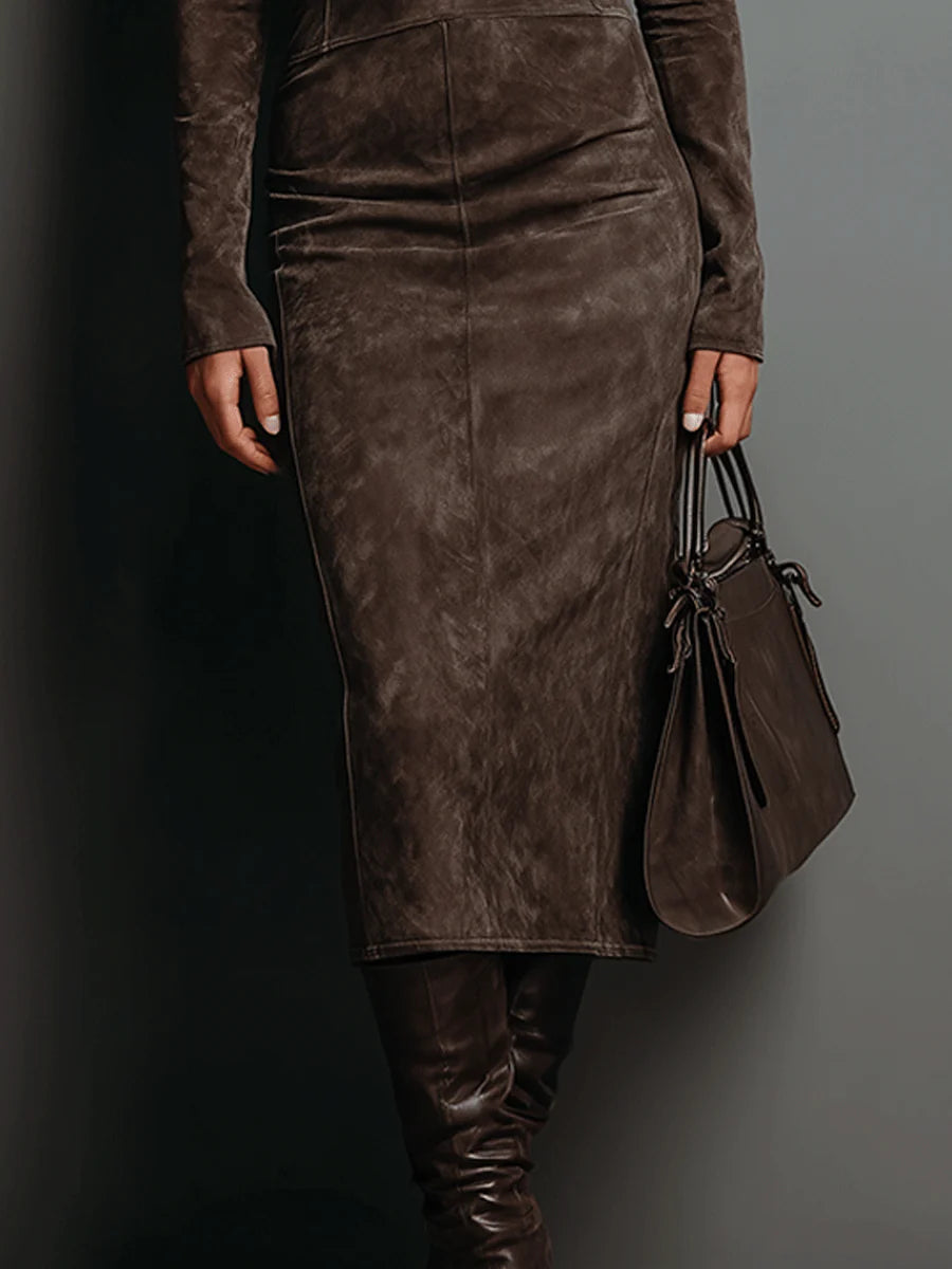 High Neck Long Sleeve Suede Midi-Length Dress