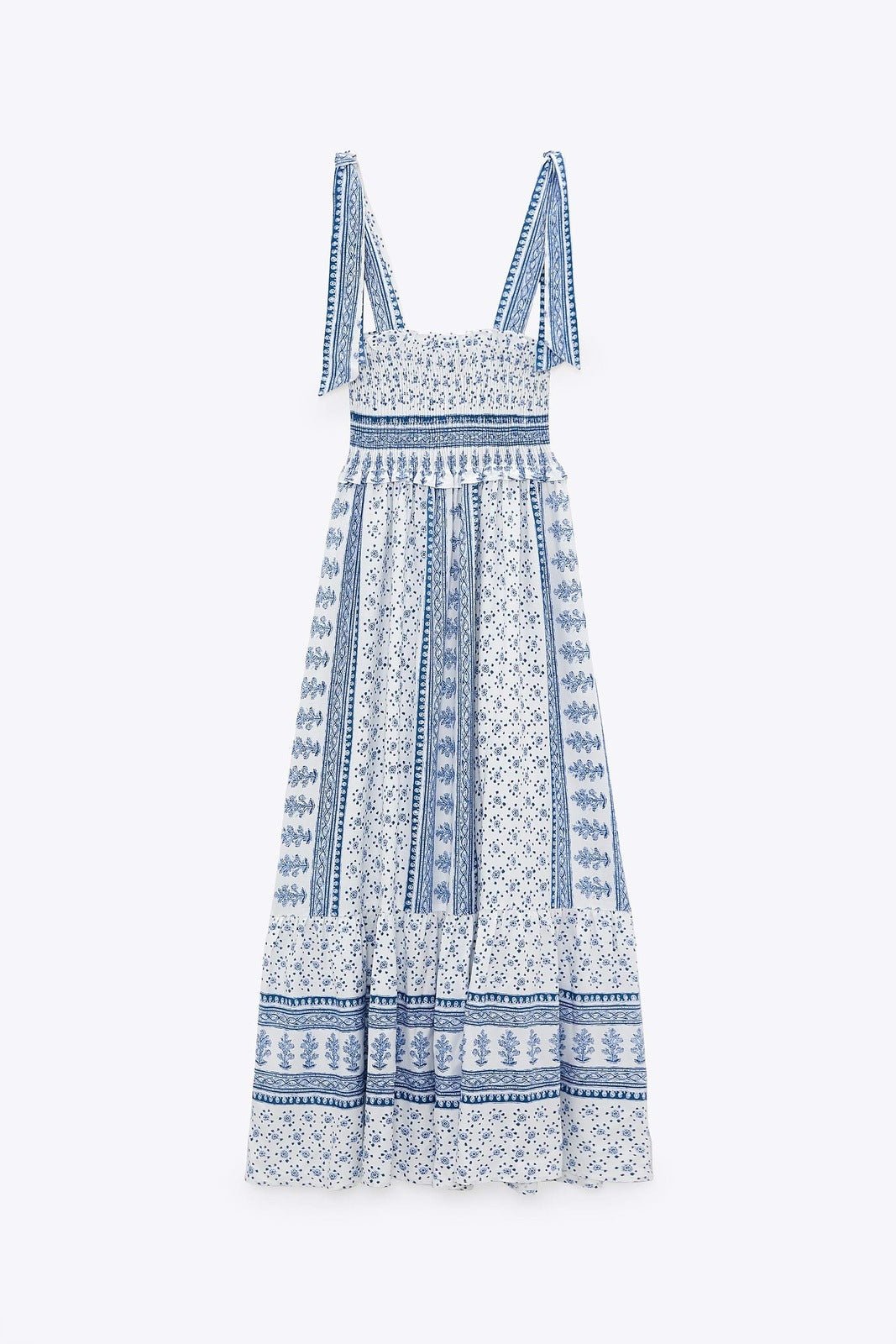 Helga Patterned Shirred Strap Midi-Length Dress