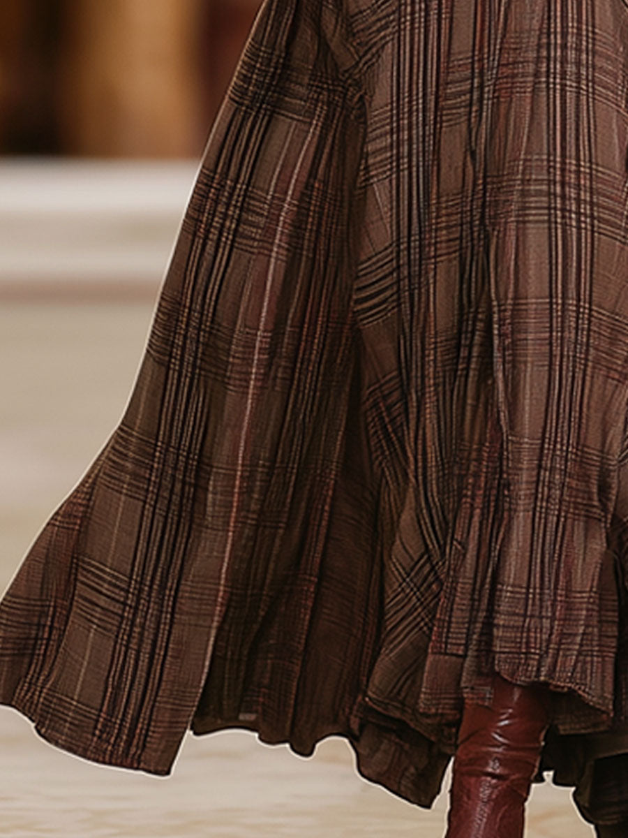 Modern Retro Brown Plaid Double Pocket Elastic Waist Skirt