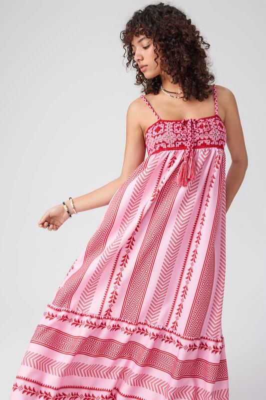 Naomi Patterned Embroidered Lace Up Cami Midi-Length Dress