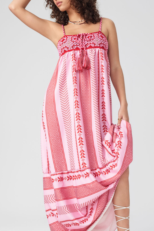 Naomi Patterned Embroidered Lace Up Cami Midi-Length Dress