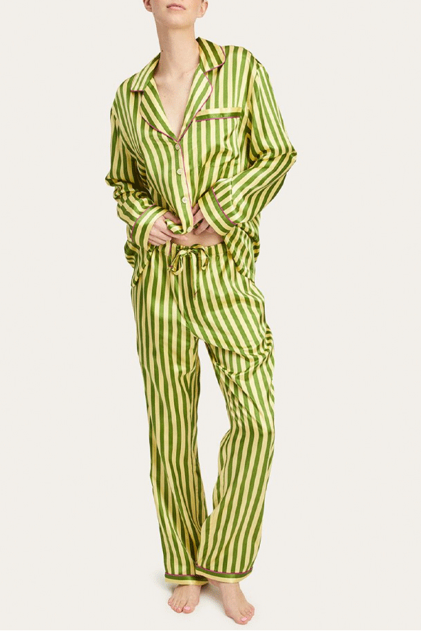 Retro Green Striped Long Sleeve Pajama Set