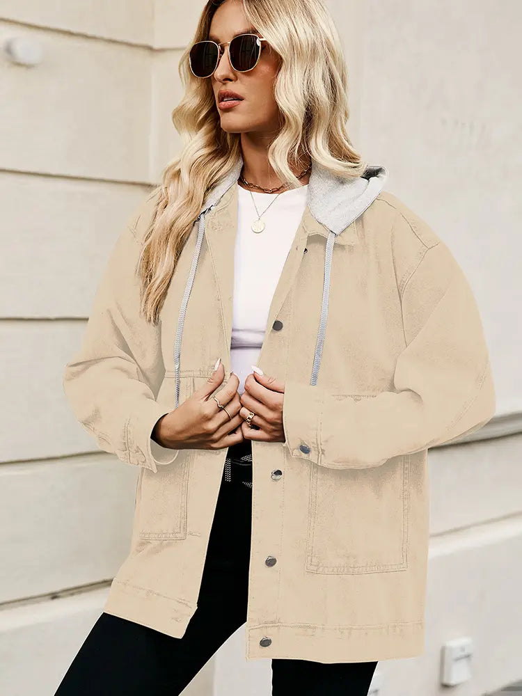 Oversized Denim Jacket with Button Closure and Pockets