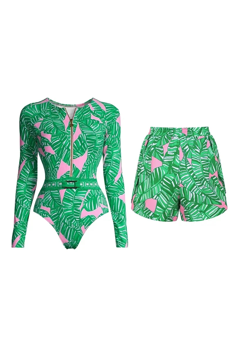Green Patterned Surf Shorts Set