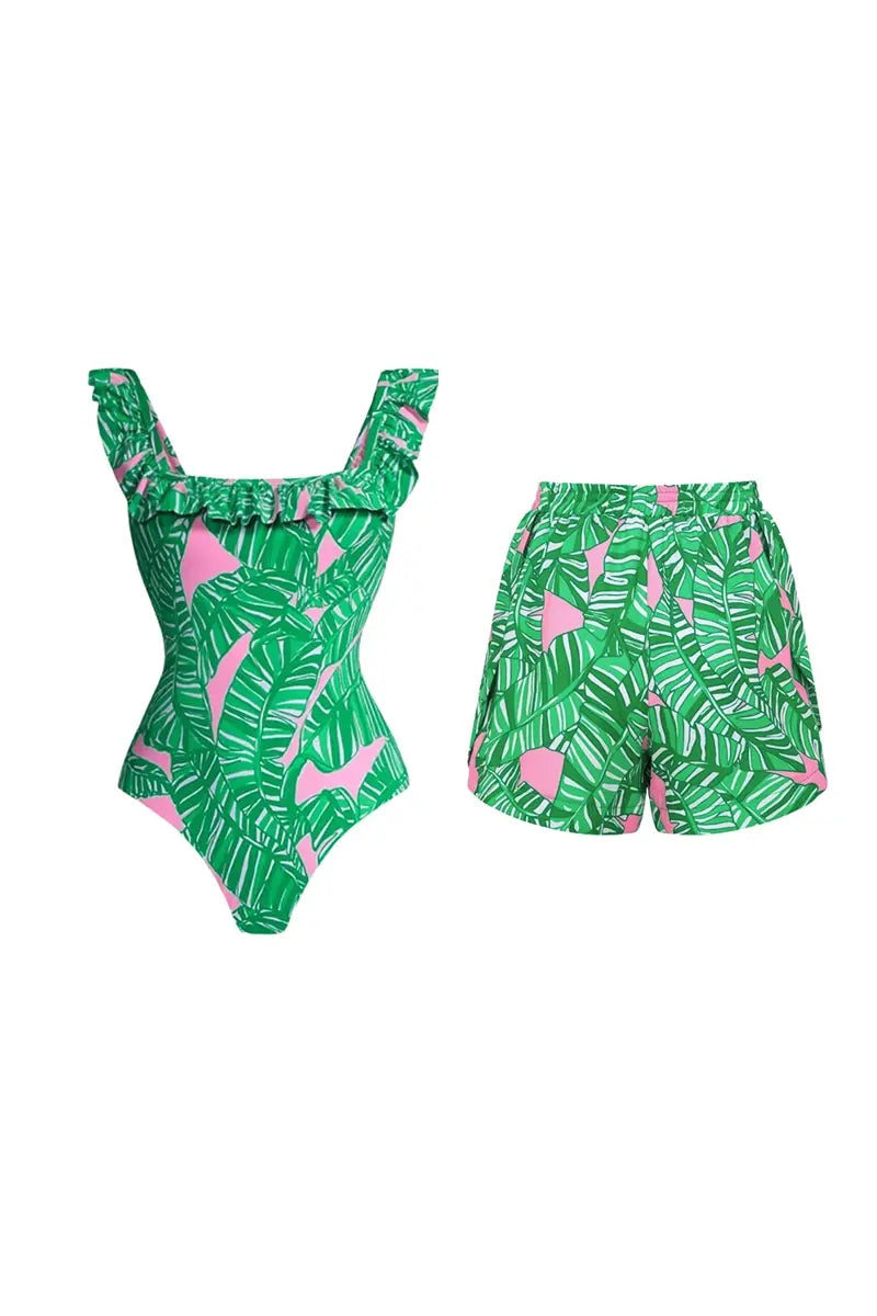 Green Ruffled Print One Piece Swimsuit