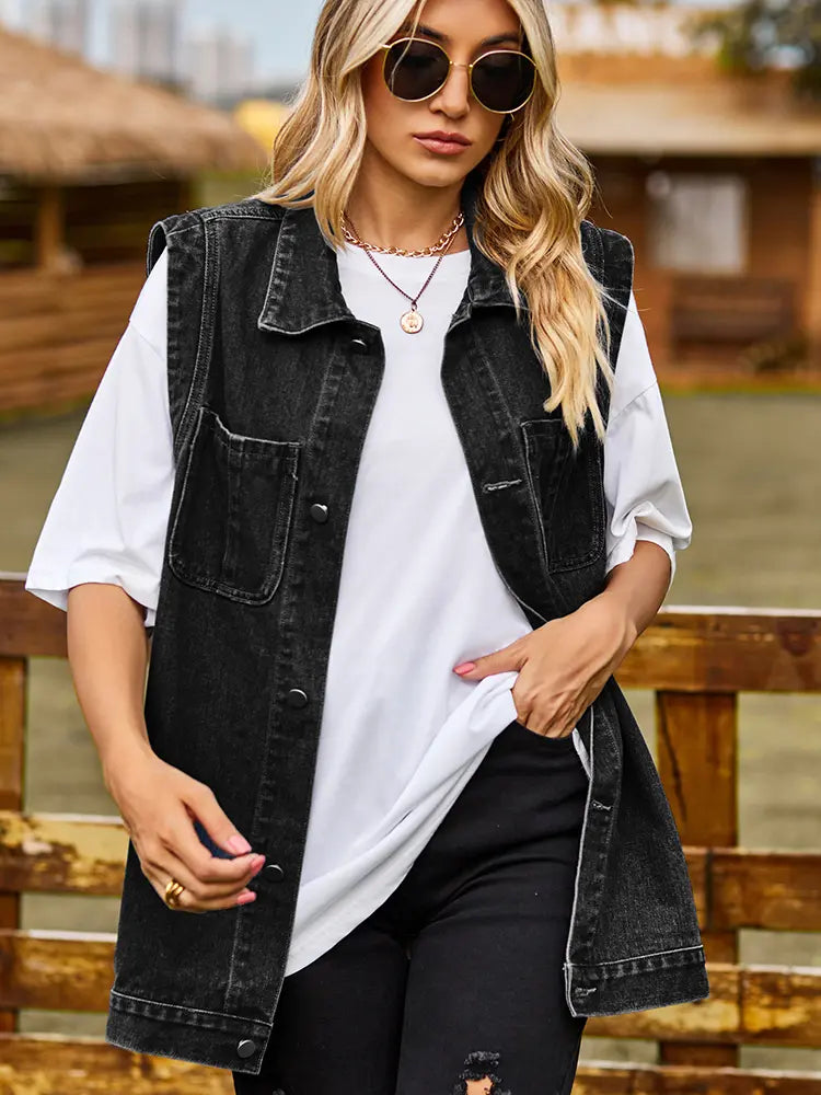 Denim Vest with Button Closure, Pockets and Relaxed Fit