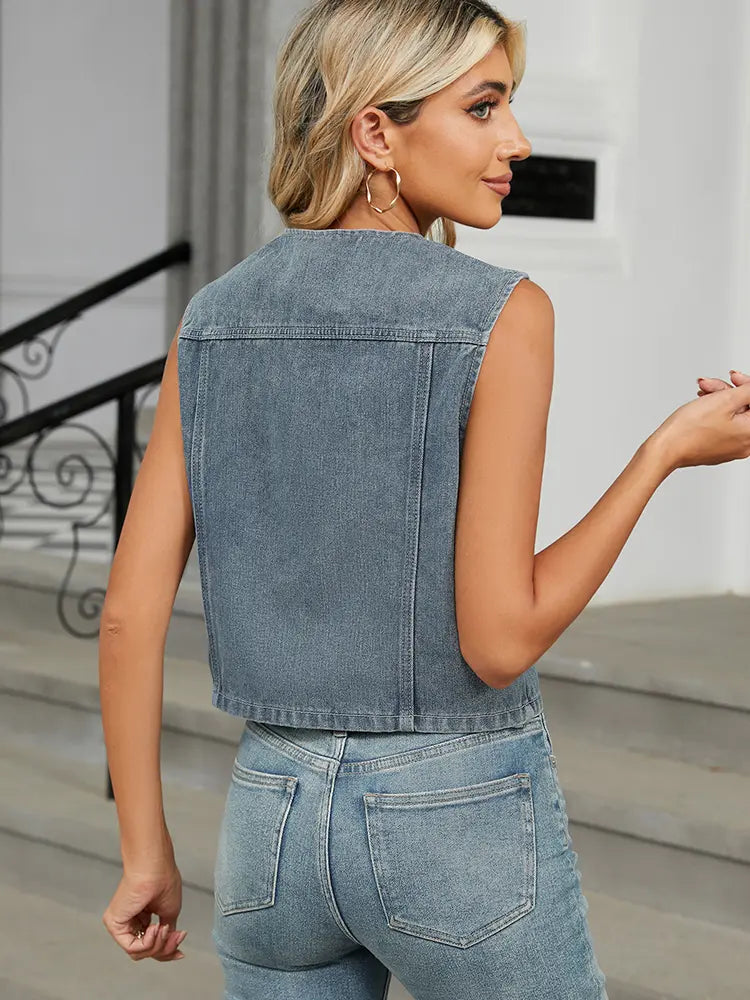 Denim Vest with a Fitted Cut, Button Closure and Relaxed Fit