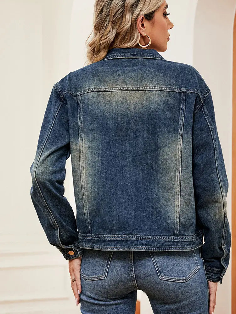 Washed Denim Jacket with Button Closure, Pockets and Long Sleeves