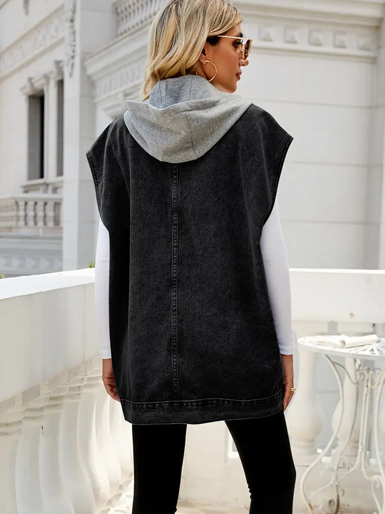 Denim Vest with Hood and Button Closure
