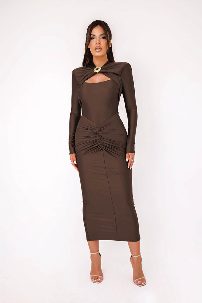 Long Sleeve Slim Fitted Party Midi-Length Dress