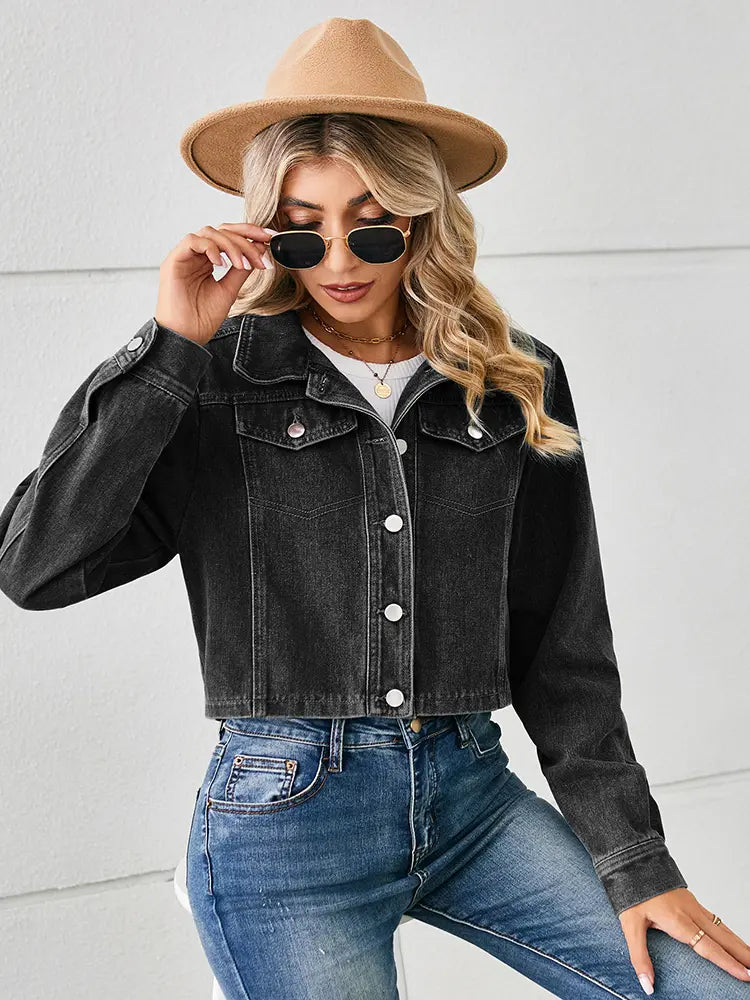 Cropped Denim Jacket with Button Closure and Pockets