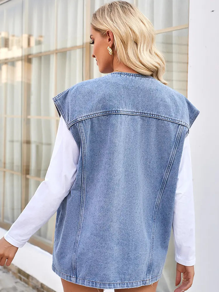 Washed Denim Vest with Button Closure and Multiple Pockets