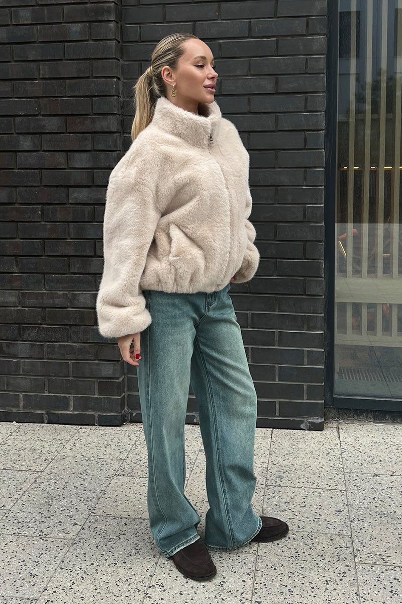 Modern Cozy Cream Short Faux-Fur Jacket