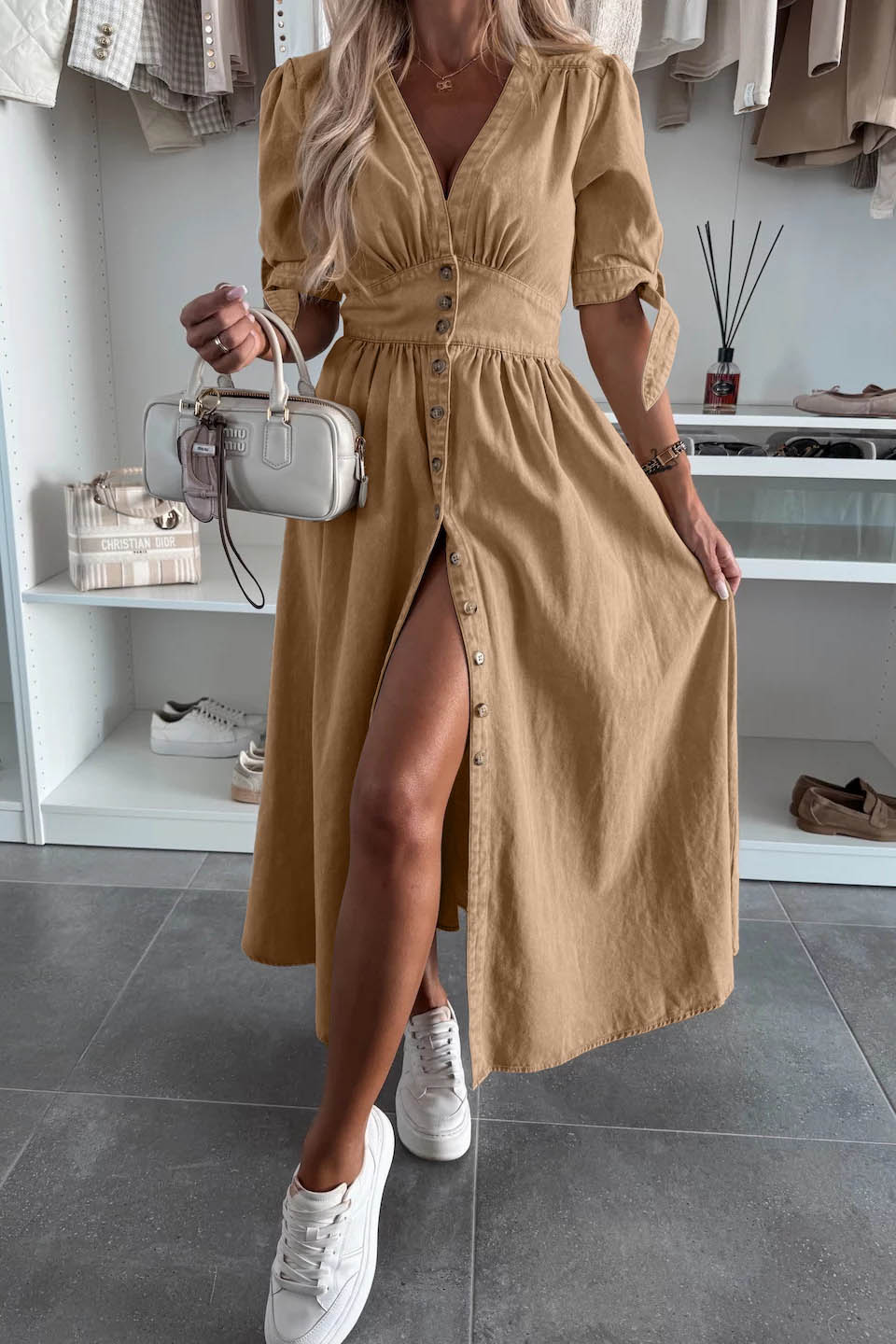 Clean-Lined V-Neck Buttoned Denim Gown