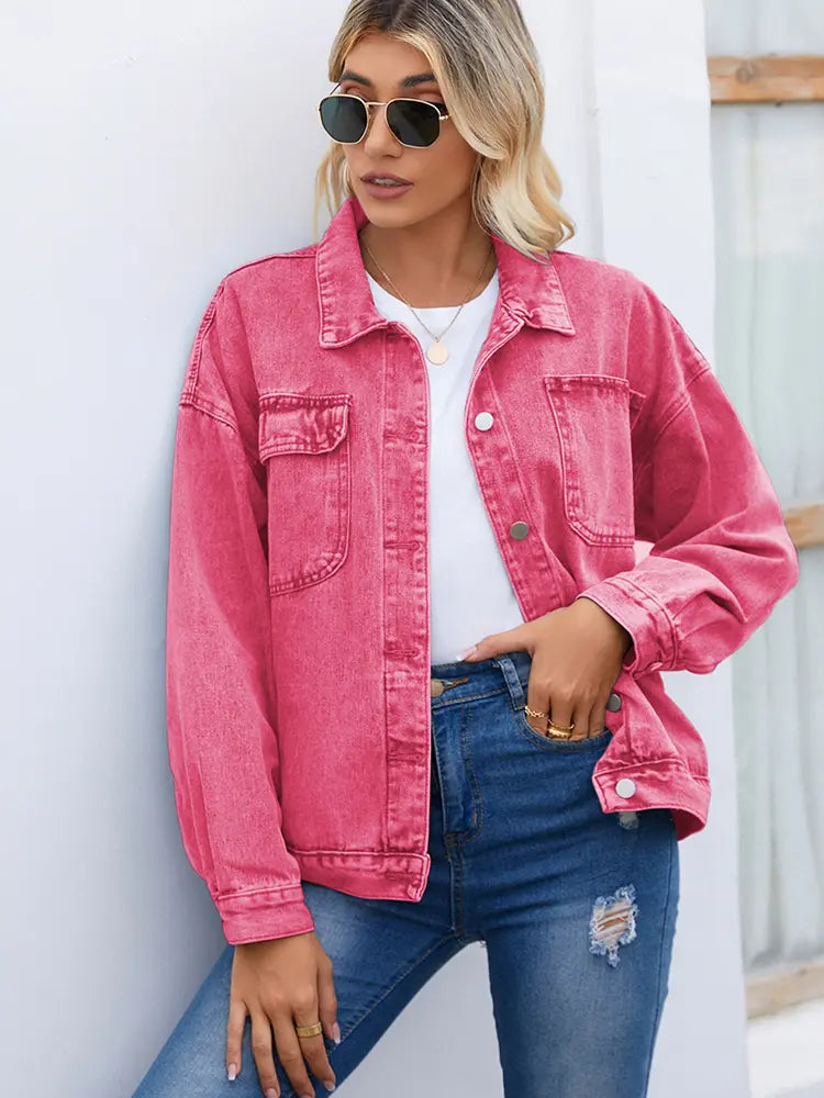 Denim Jacket in a Washed Look with Button Closure and Relaxed Fit