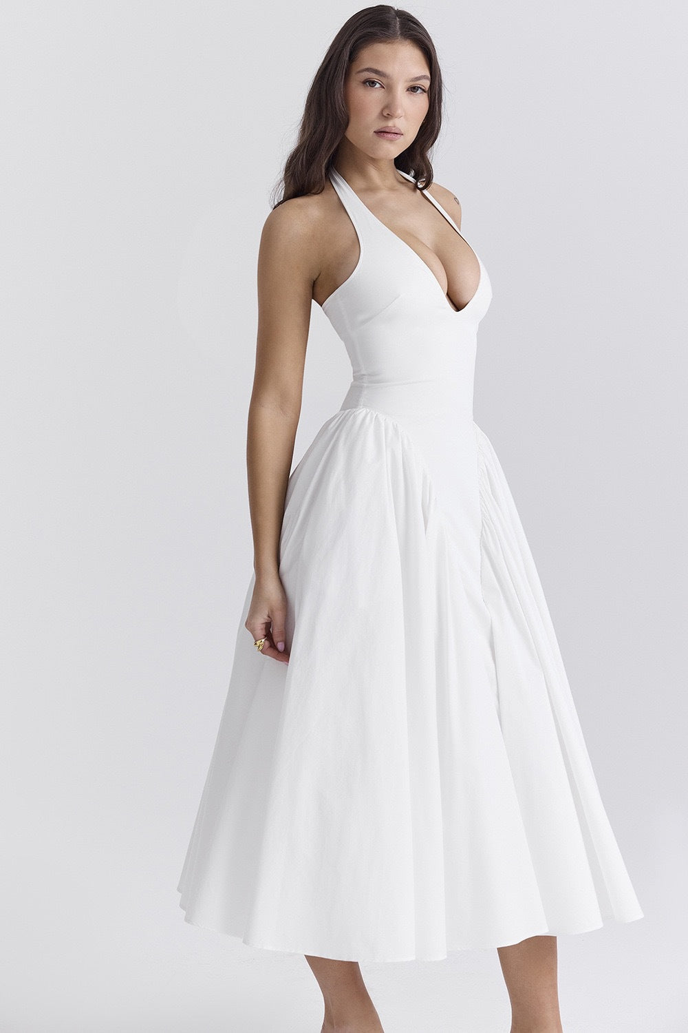 Modern White Cotton Halter Midi Sundress
