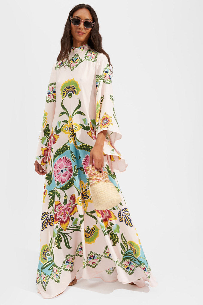 Exquisite Sunshine Flower Print Flowing Maxi-Length Dress