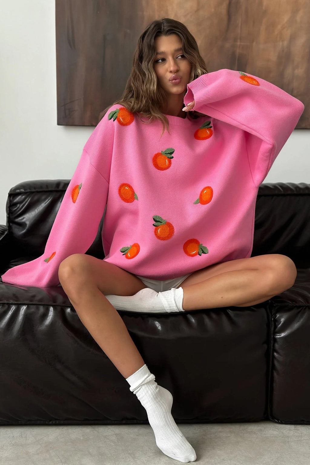 Modern Girls' Orange Flocked Knit Sweater