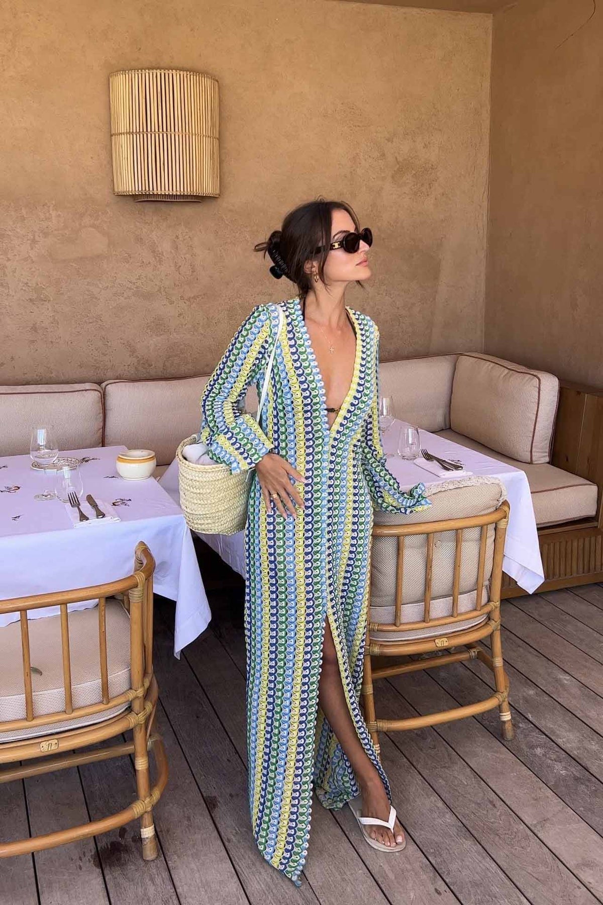 Boho V-Neck Bell Sleeve Wavy Striped Crochet Beach Vacation Maxi-Length Dress