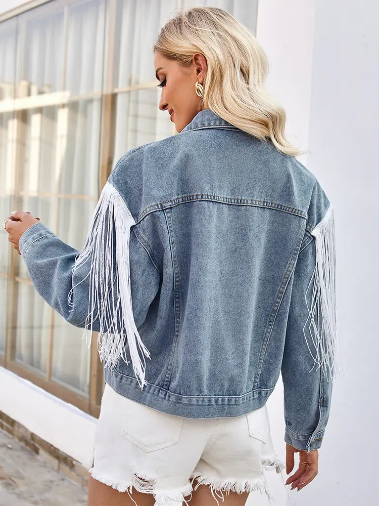 Washed Denim Jacket with Fringe and Long Sleeves