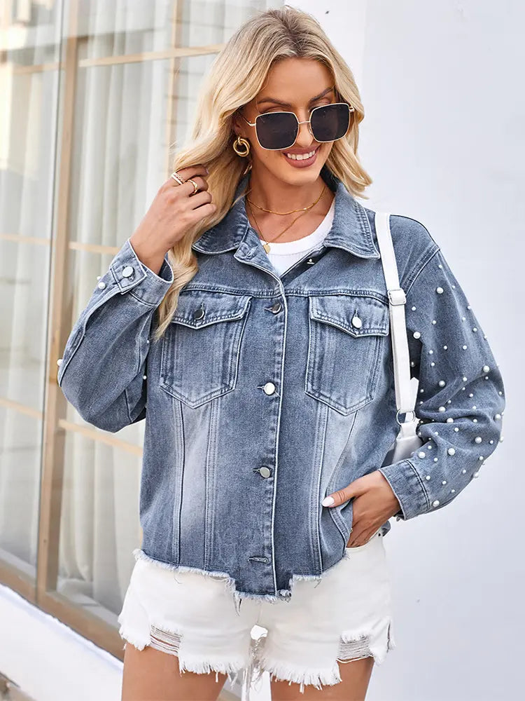 Washed Denim Jacket with Pearl Details and Long Sleeves
