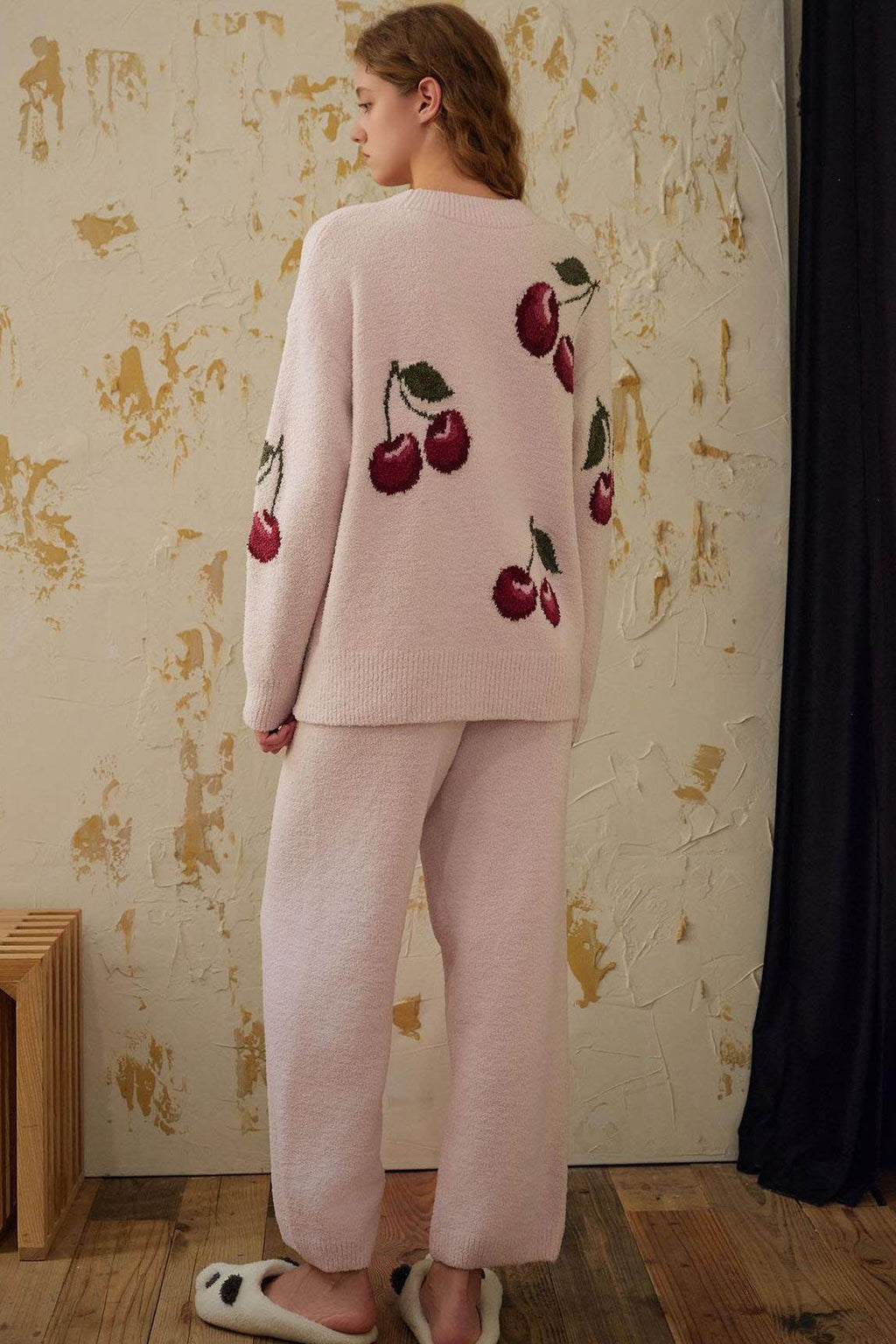 Soft Half Velvet Cherry Knit Cardigan Pajama Set