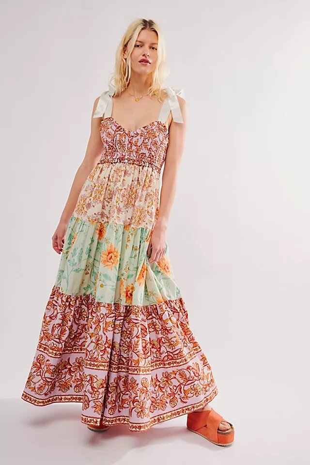 Bow-Strap Flower Tiered Maxi-Length Dress