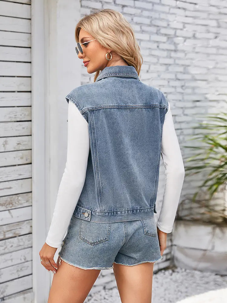 Lightweight Washed Denim Vest with Button Closure and Relaxed Fit
