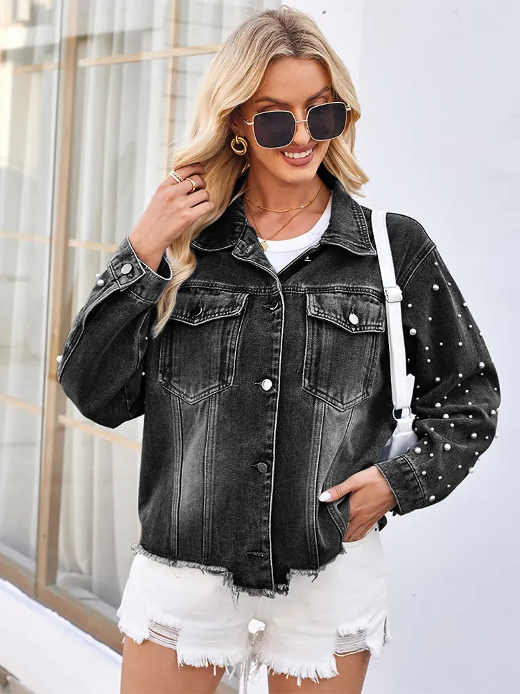 Washed Denim Jacket with Pearl Details and Long Sleeves