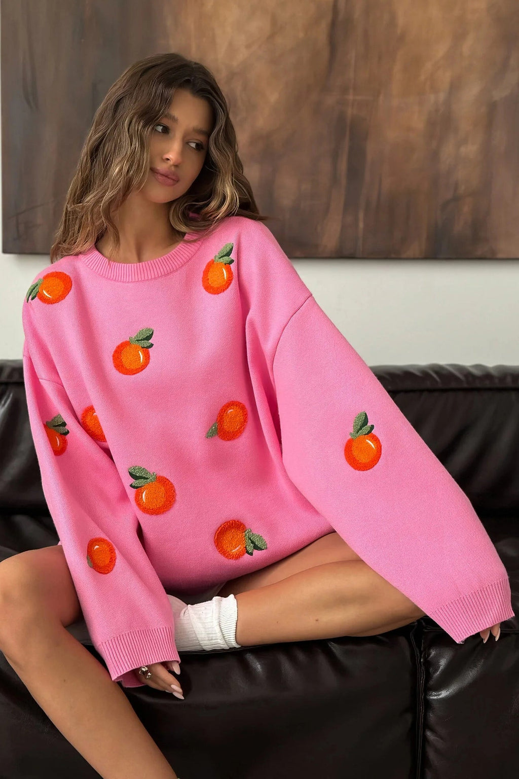 Modern Girls' Orange Flocked Knit Sweater
