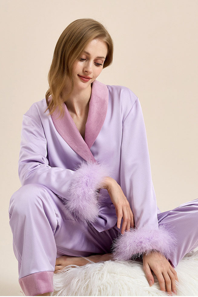 Coordinated Feather Trim Red Pyjamas Set