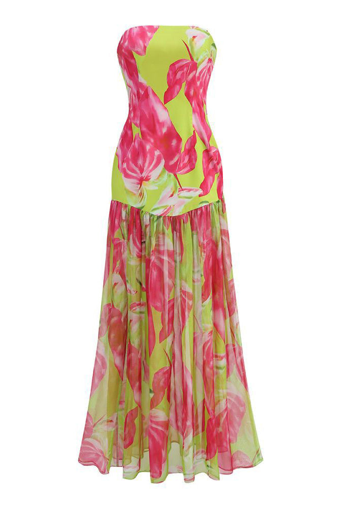 Pam Patterned Strapless Slit Maxi-Length Dress