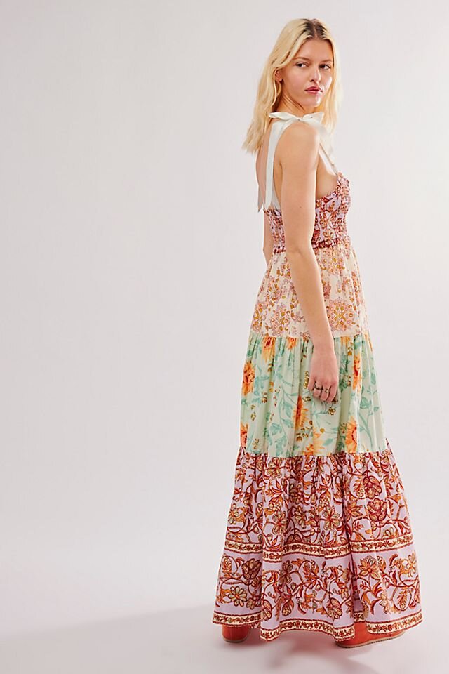 Bow-Strap Flower Tiered Maxi-Length Dress