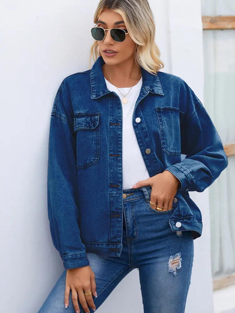 Denim Jacket in a Washed Look with Button Closure and Relaxed Fit