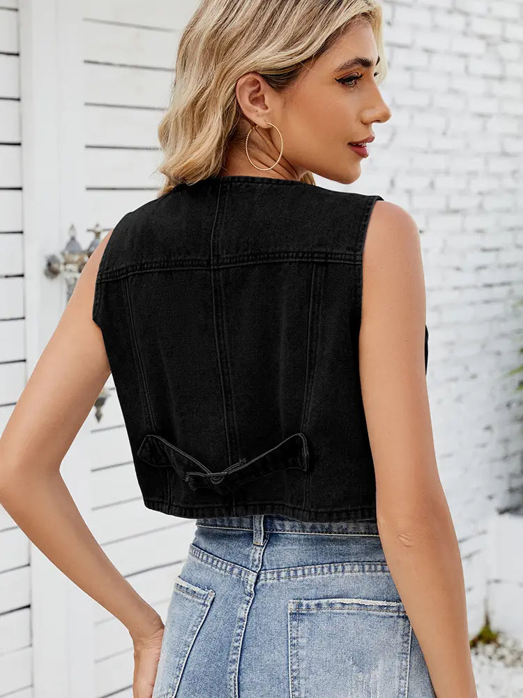 Cropped Denim Vest in a Washed Look with V-Neck