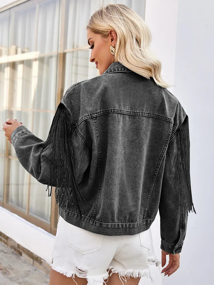 Washed Denim Jacket with Fringe and Long Sleeves